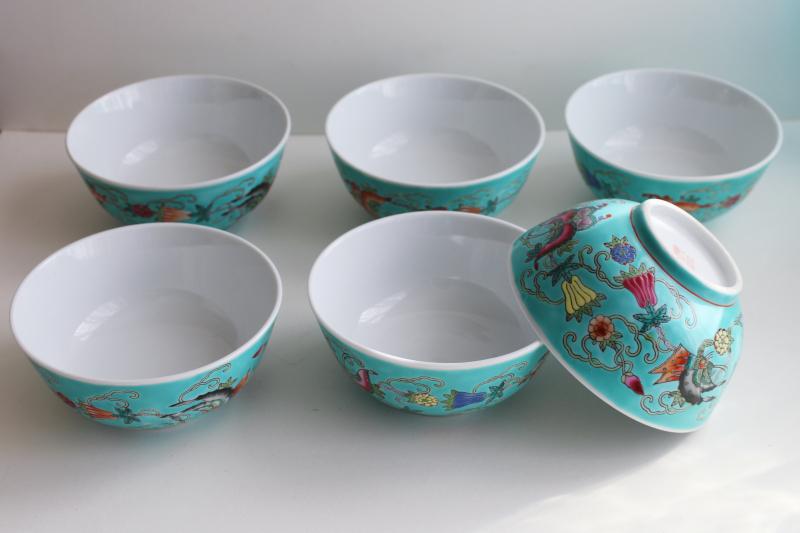 photo of vintage Chinese porcelain rice bowls, turquoise green w/ butterflies hand painted china #1