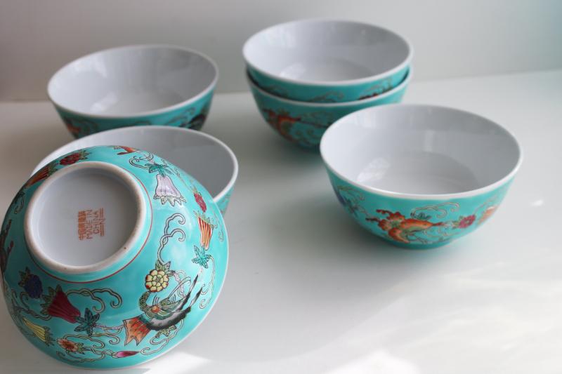 photo of vintage Chinese porcelain rice bowls, turquoise green w/ butterflies hand painted china #2