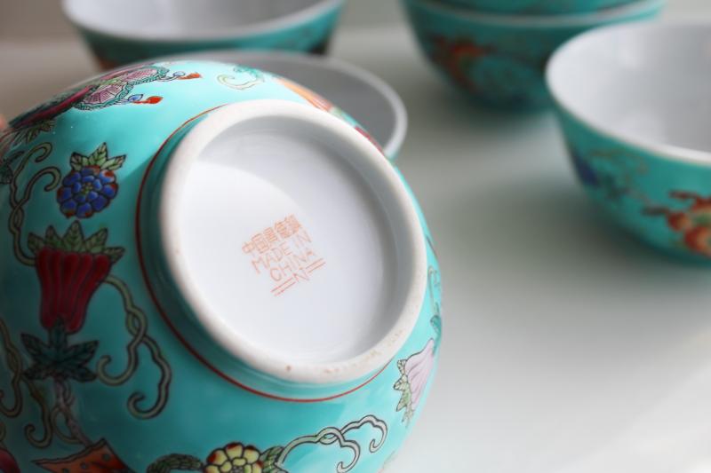 photo of vintage Chinese porcelain rice bowls, turquoise green w/ butterflies hand painted china #3