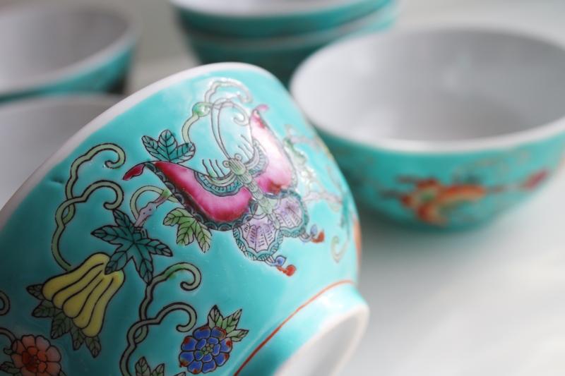 photo of vintage Chinese porcelain rice bowls, turquoise green w/ butterflies hand painted china #4