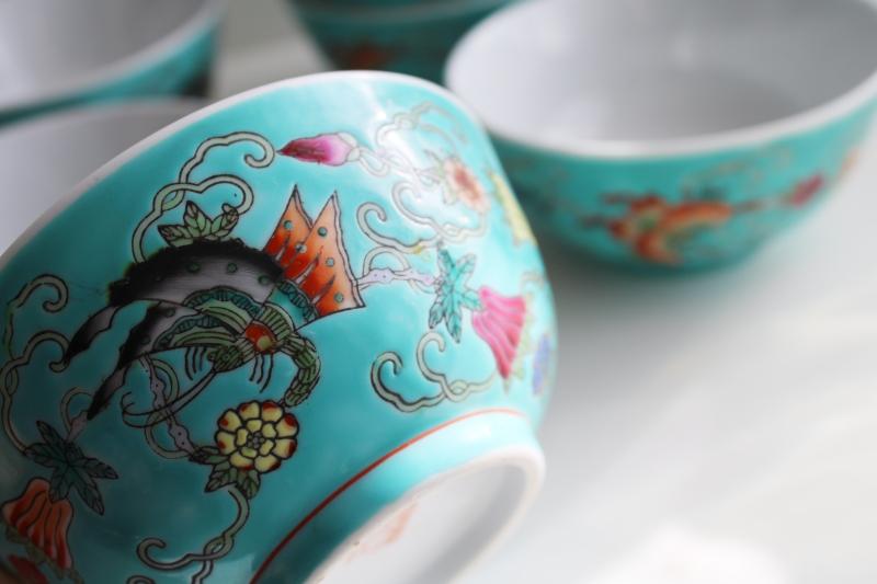 photo of vintage Chinese porcelain rice bowls, turquoise green w/ butterflies hand painted china #5