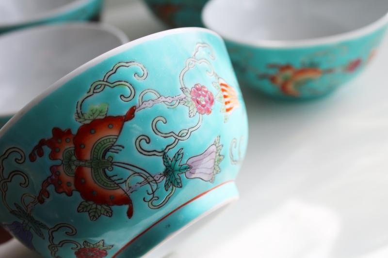 photo of vintage Chinese porcelain rice bowls, turquoise green w/ butterflies hand painted china #6