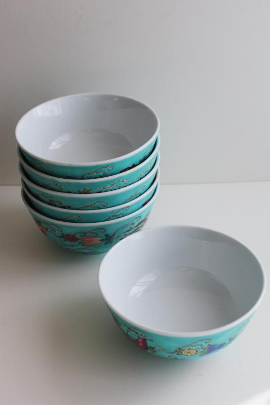 photo of vintage Chinese porcelain rice bowls, turquoise green w/ butterflies hand painted china #8