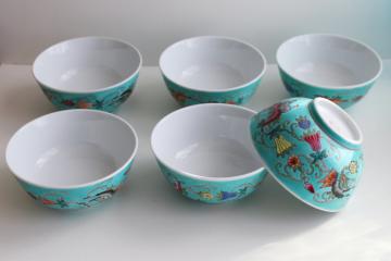 catalog photo of vintage Chinese porcelain rice bowls, turquoise green w/ butterflies hand painted china