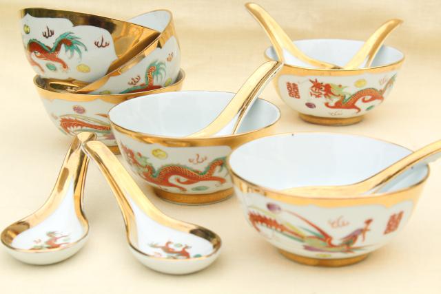 photo of vintage Chinese porcelain rice or noodle bowls w/ hand painted dragons, made in China #1