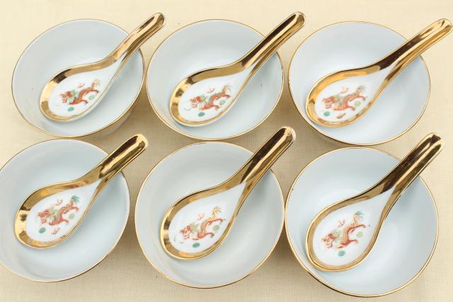 photo of vintage Chinese porcelain rice or noodle bowls w/ hand painted dragons, made in China #2