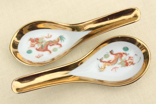 photo of vintage Chinese porcelain rice or noodle bowls w/ hand painted dragons, made in China #3