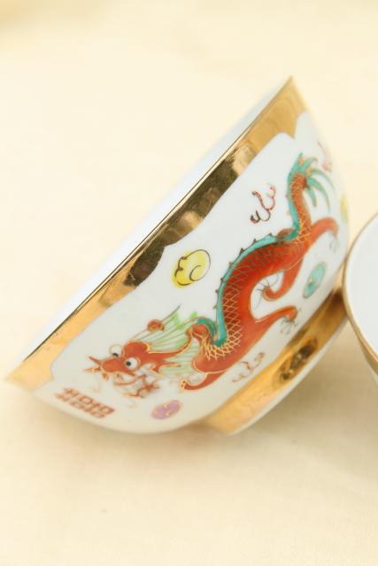 photo of vintage Chinese porcelain rice or noodle bowls w/ hand painted dragons, made in China #6