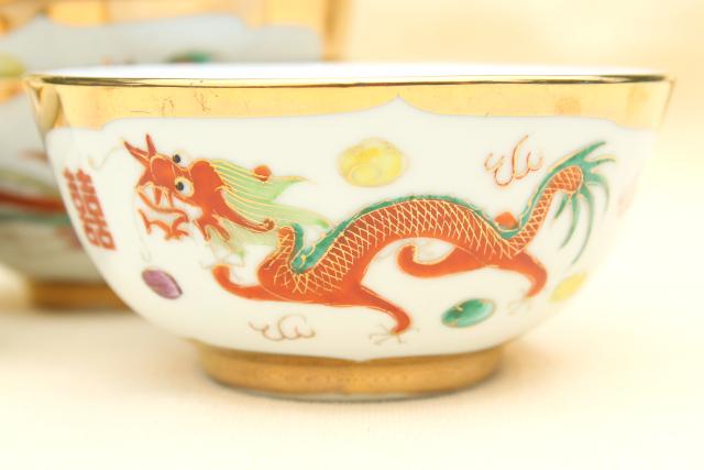 photo of vintage Chinese porcelain rice or noodle bowls w/ hand painted dragons, made in China #8