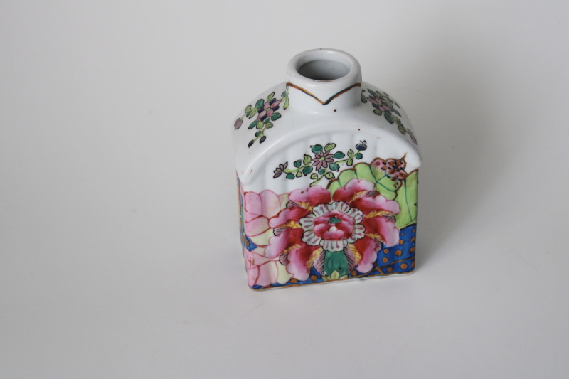 photo of vintage Chinese tea caddy hand painted tobacco leaf porcelain bottle Ephraim pottery label #1