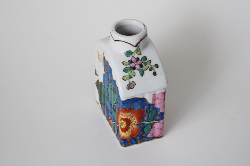 photo of vintage Chinese tea caddy hand painted tobacco leaf porcelain bottle Ephraim pottery label #2