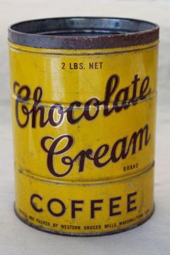 catalog photo of vintage Chocolate Cream brand coffee can, mustard yellow metal can w/ great advertising graphics