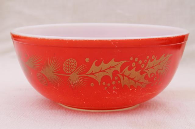 photo of vintage Christmas Pyrex, red & gold holiday holly & pine cone mixing bowl or punch bowl #1