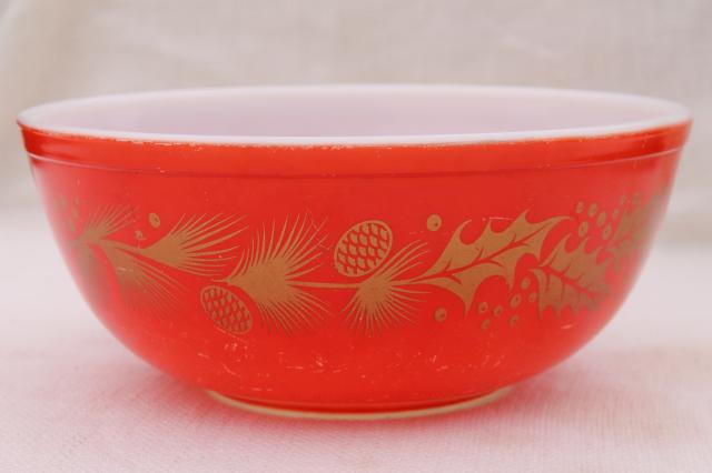 photo of vintage Christmas Pyrex, red & gold holiday holly & pine cone mixing bowl or punch bowl #2