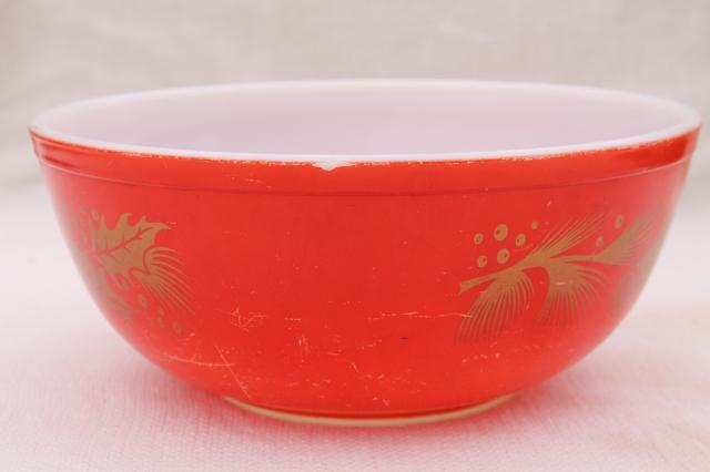 photo of vintage Christmas Pyrex, red & gold holiday holly & pine cone mixing bowl or punch bowl #8