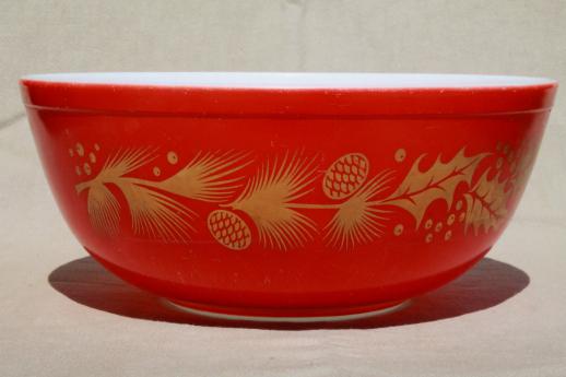 photo of vintage Christmas Pyrex, red & gold holiday holly & pine cone mixing bowl or punch bowl #1