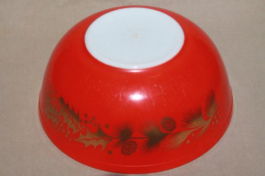 photo of vintage Christmas Pyrex, red & gold holiday holly & pine cone mixing bowl or punch bowl #2