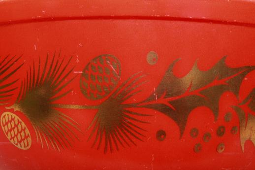 photo of vintage Christmas Pyrex, red & gold holiday holly & pine cone mixing bowl or punch bowl #5