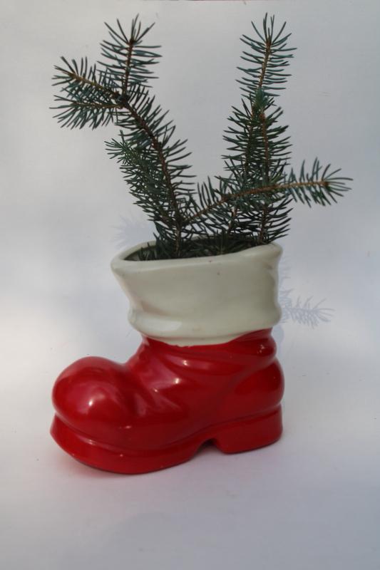 photo of vintage Christmas Santa boot pottery planter pot or vase, hand painted ceramic #1