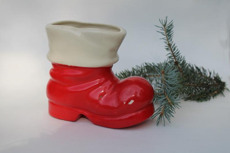 photo of vintage Christmas Santa boot pottery planter pot or vase, hand painted ceramic #2