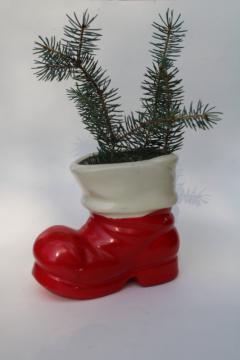 catalog photo of vintage Christmas Santa boot pottery planter pot or vase, hand painted ceramic