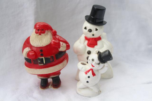 photo of vintage Christmas Santa & snowmen, hard plastic ornaments decorations candy container #1