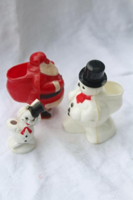 photo of vintage Christmas Santa & snowmen, hard plastic ornaments decorations candy container #6