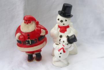 catalog photo of vintage Christmas Santa & snowmen, hard plastic ornaments decorations candy container