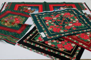 catalog photo of vintage Christmas Santas, holiday fruit & floral print cotton fabric panels, pillow or quilt blocks