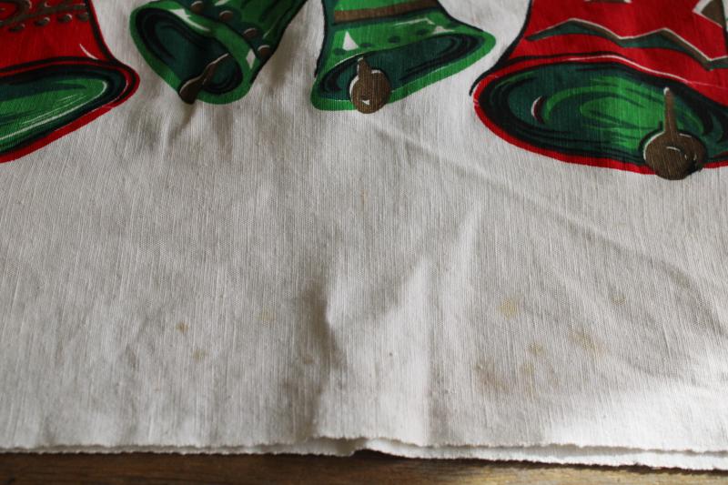 photo of vintage Christmas bells printed cotton tablecloth, retro red & green holiday print #2