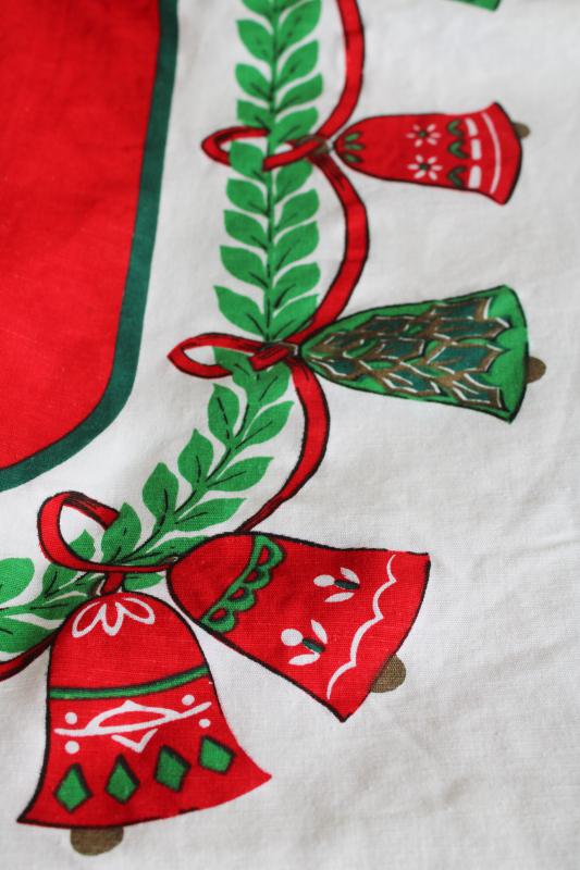 photo of vintage Christmas bells printed cotton tablecloth, retro red & green holiday print #3