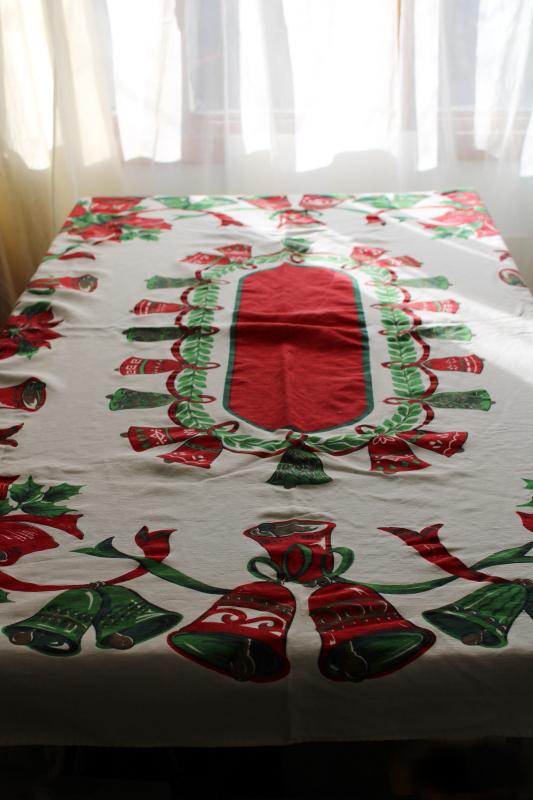 photo of vintage Christmas bells printed cotton tablecloth, retro red & green holiday print #4