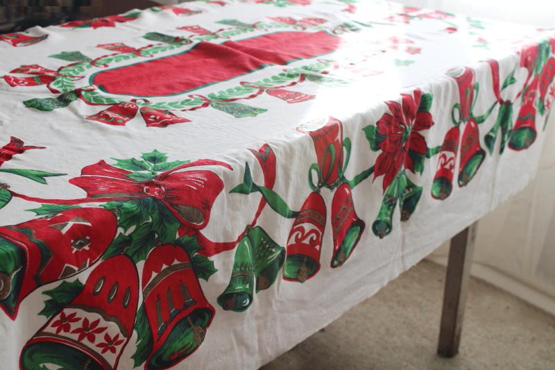 photo of vintage Christmas bells printed cotton tablecloth, retro red & green holiday print #5