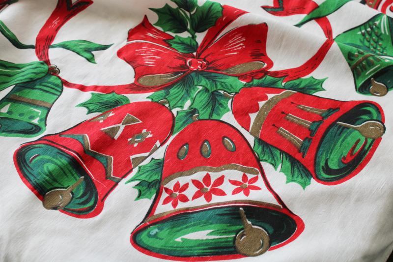 photo of vintage Christmas bells printed cotton tablecloth, retro red & green holiday print #6