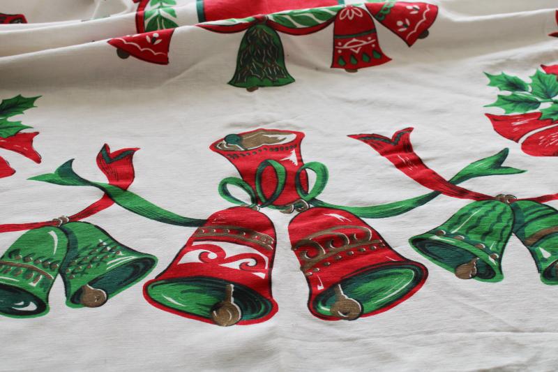 photo of vintage Christmas bells printed cotton tablecloth, retro red & green holiday print #7