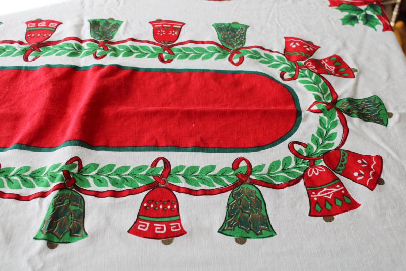 photo of vintage Christmas bells printed cotton tablecloth, retro red & green holiday print #10