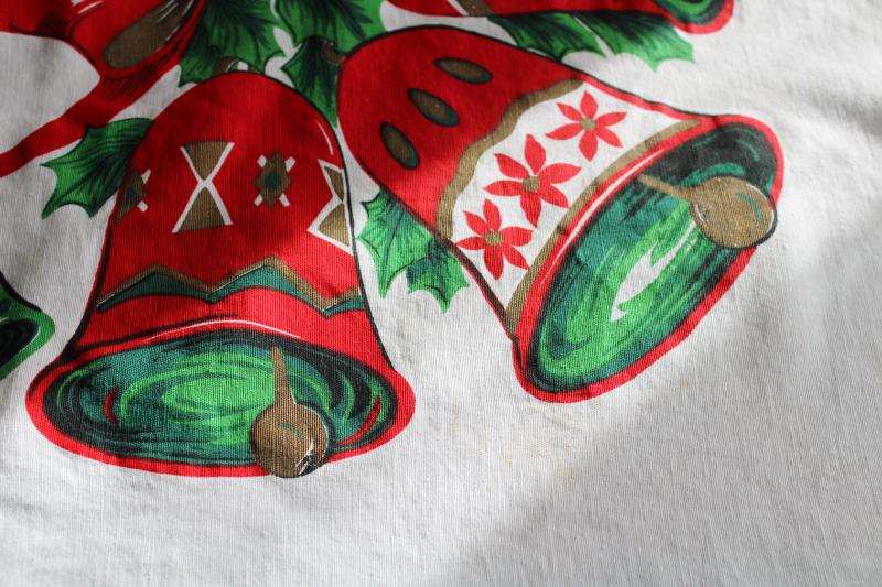 photo of vintage Christmas bells printed cotton tablecloth, retro red & green holiday print #11