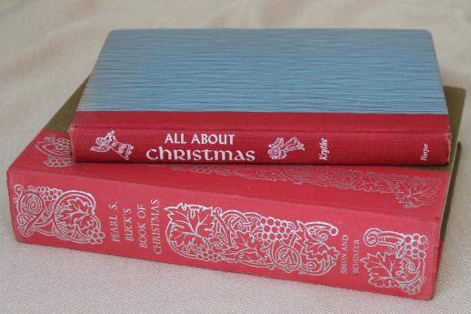 photo of vintage Christmas books with red & green cloth bindings for holiday display #1