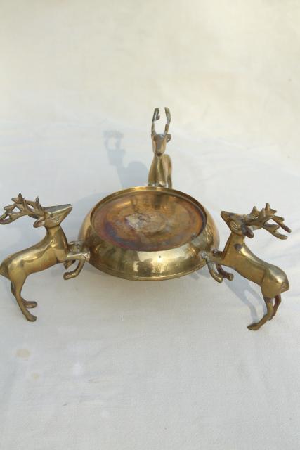 photo of vintage Christmas brass reindeer pot stand for tabletop tree or vase, leaping deer #1