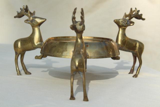 photo of vintage Christmas brass reindeer pot stand for tabletop tree or vase, leaping deer #3
