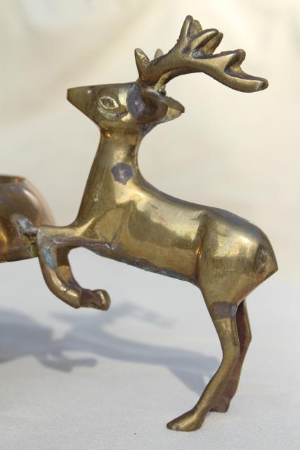 photo of vintage Christmas brass reindeer pot stand for tabletop tree or vase, leaping deer #4