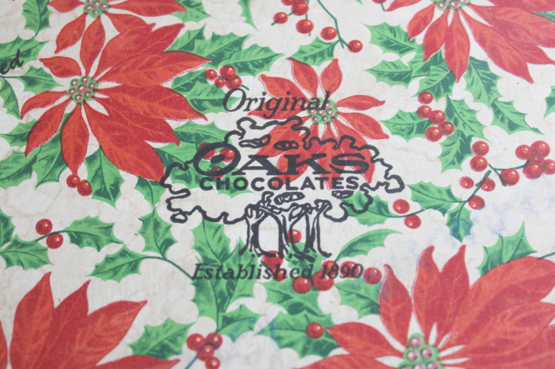 photo of vintage Christmas candy box w/ red poinsettias print, Oaks Chocolate Oshkosh Wisconsin  #2