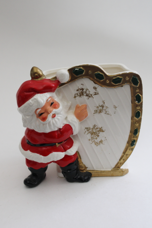 photo of vintage Christmas ceramic planter Santa Claus w/ harp, hand painted china Japan #1