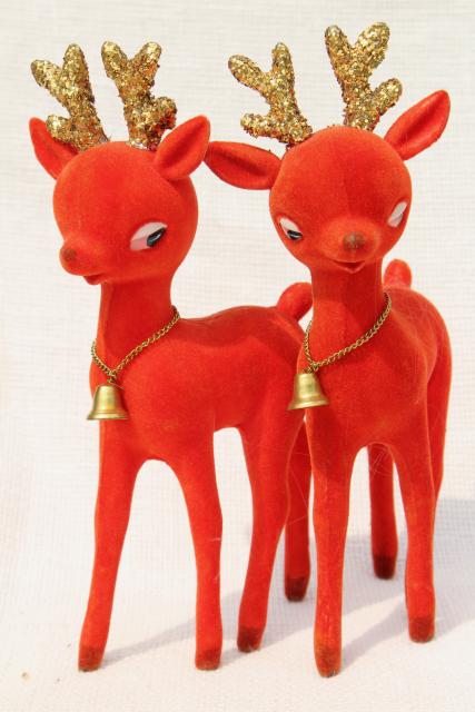 photo of vintage Christmas decorations, blow mold plastic deer flocked red velvet glitter antlers #1