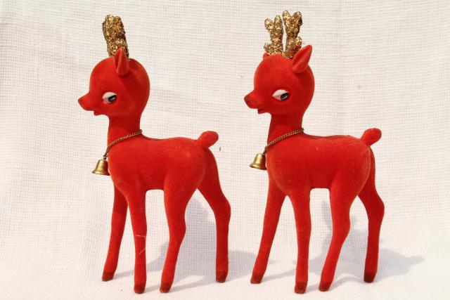 photo of vintage Christmas decorations, blow mold plastic deer flocked red velvet glitter antlers #2