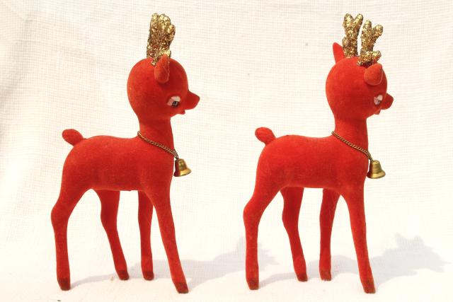 photo of vintage Christmas decorations, blow mold plastic deer flocked red velvet glitter antlers #4