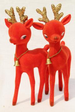 catalog photo of vintage Christmas decorations, blow mold plastic deer flocked red velvet glitter antlers