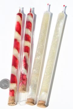 catalog photo of vintage Christmas decorations, full size glass candles  w/ red & white candy cane chenille