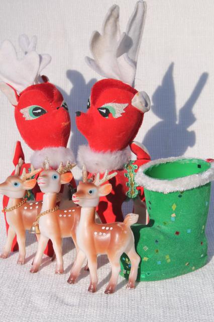 photo of vintage Christmas decorations, lot plastic deer, red velvet reindeer, green flocked Santa boot #1