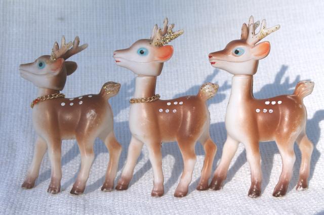 photo of vintage Christmas decorations, lot plastic deer, red velvet reindeer, green flocked Santa boot #4